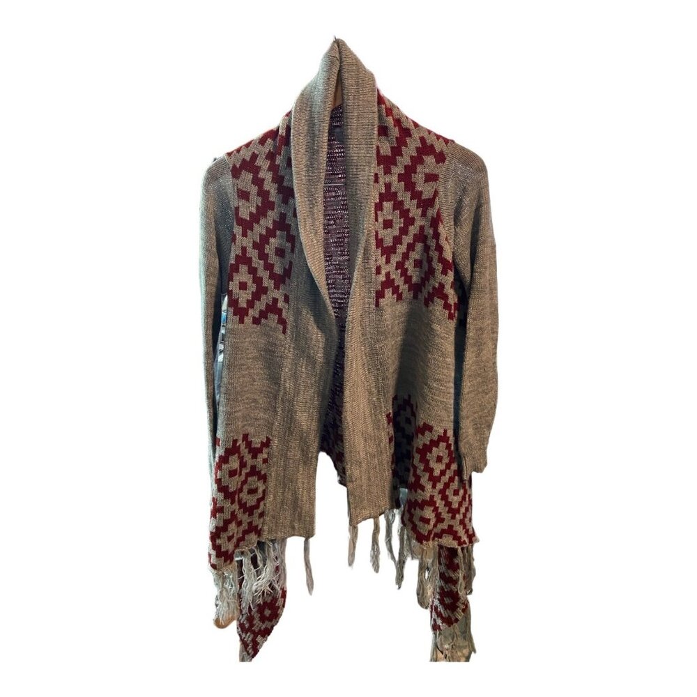 Charlotte Russe Womens L Red Gray Geometric Knit Cardigan Sweater BOHO Fringe